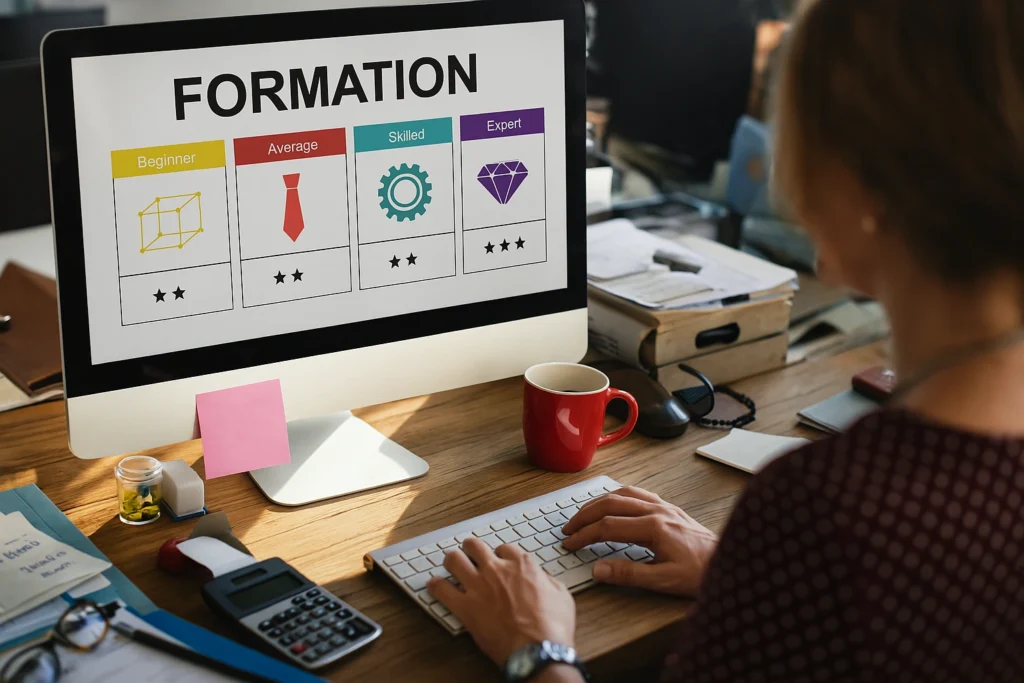 Personne suivant une formation en ligne sur ordinateur, avec un écran affichant différents niveaux de compétences, symbolisant l’apprentissage progressif et la montée en expertise.
