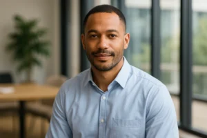 Conseiller en reconversion professionnelle souriant dans un bureau lumineux, accompagnant les salariés dans leur transition de carrière.