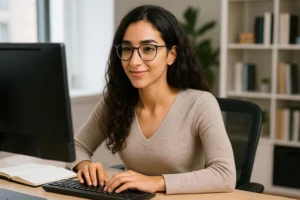 Assistante comptable concentrée travaillant sur ordinateur dans un bureau moderne.
