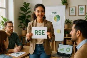 Chargée de mission RSE présentant une stratégie de développement durable à son équipe, avec graphiques et supports illustrant les engagements environnementaux et sociétaux de l’entreprise.