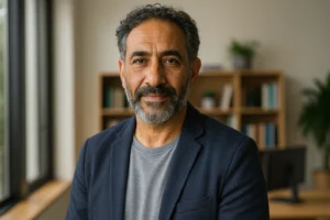 Coach en assertivité aidant les professionnels à développer confiance en soi et communication positive dans le milieu du travail.