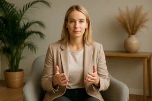 Coach en communication guidant un professionnel sur la prise de parole et la posture corporelle dans un cadre bienveillant.