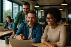 Groupe de développeurs no-code collaborant autour d’un ordinateur pour concevoir une application sans programmation.