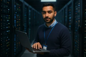 Expert cloud travaillant sur ordinateur portable dans une salle de serveurs, illustrant la gestion et la migration d’infrastructures numériques.