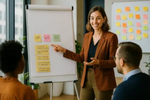Facilitatrice d’intelligence collective animant un atelier participatif en entreprise pour stimuler la créativité et la collaboration d’équipe.