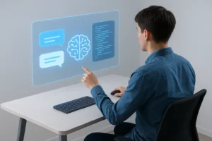 Consultant en intégration de l’intelligence artificielle utilisant une interface holographique pour configurer des outils IA et des solutions automatisées en entreprise.