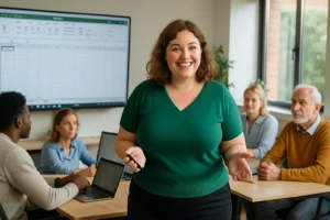 Formatrice souriante animant une session de formation bureautique sur Excel devant un groupe d’apprenants.