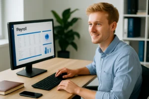 Gestionnaire de paie souriant travaillant sur un logiciel de paie à son bureau.
