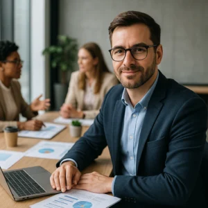 Manager CSE en réunion, analysant des indicateurs économiques et sociaux pour accompagner les représentants du personnel dans leurs missions.