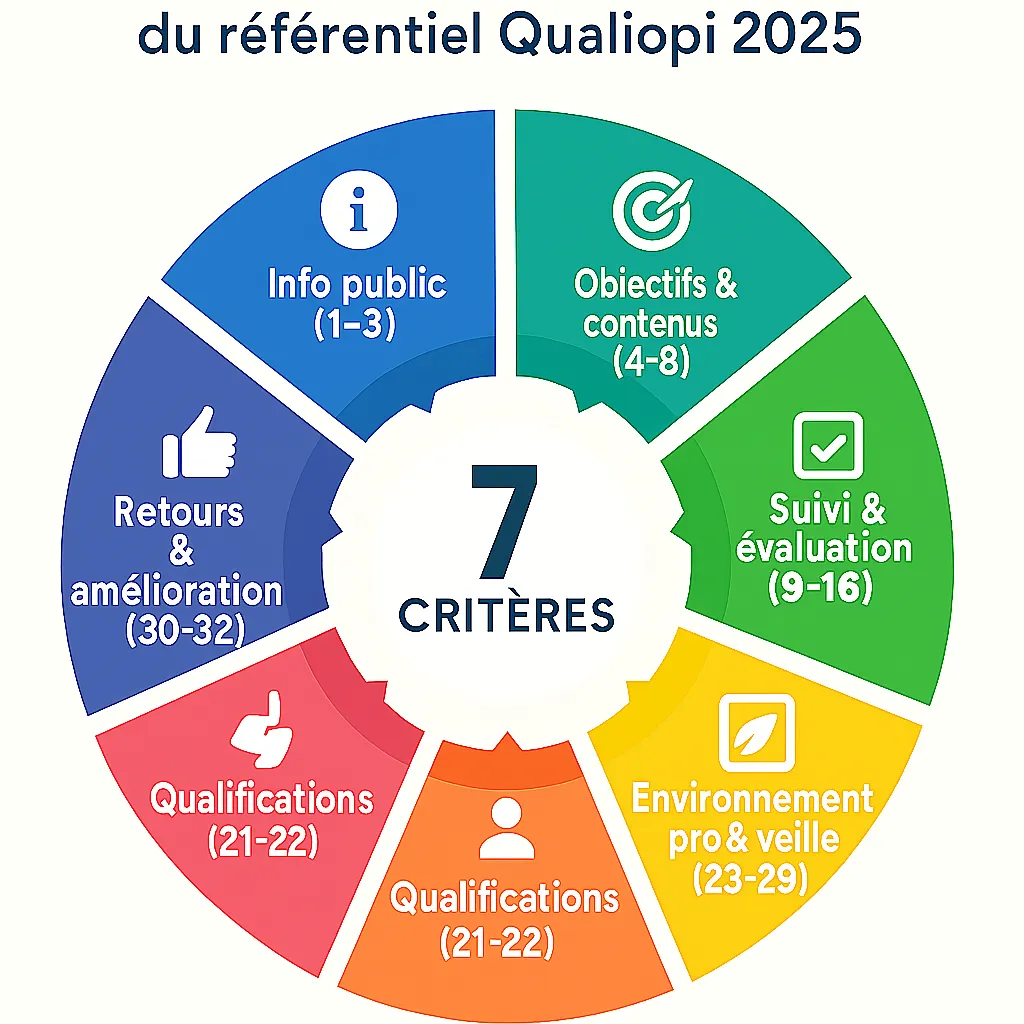 Schéma des 7 critères et nouveaux indicateurs du référentiel Qualiopi 2025