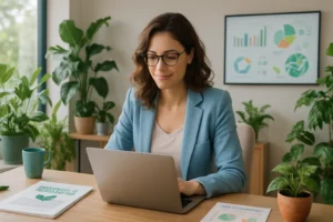 Responsable du développement durable travaillant sur un ordinateur dans un environnement écoresponsable, analysant les indicateurs RSE et environnementaux de l’entreprise.