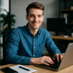 Responsable marketing digital souriant travaillant sur ordinateur, pilotant la stratégie de communication en ligne et la performance des campagnes web.