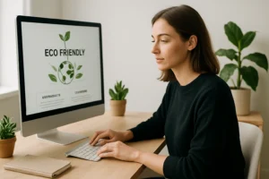 Professionnelle du numérique travaillant sur un projet web éco-responsable pour réduire l’impact environnemental des sites internet.
