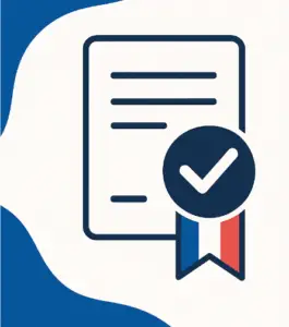 Icône représentant un certificat officiel avec ruban tricolore et coche de validation, symbolisant la certification qualité Qualiopi de Formasio.