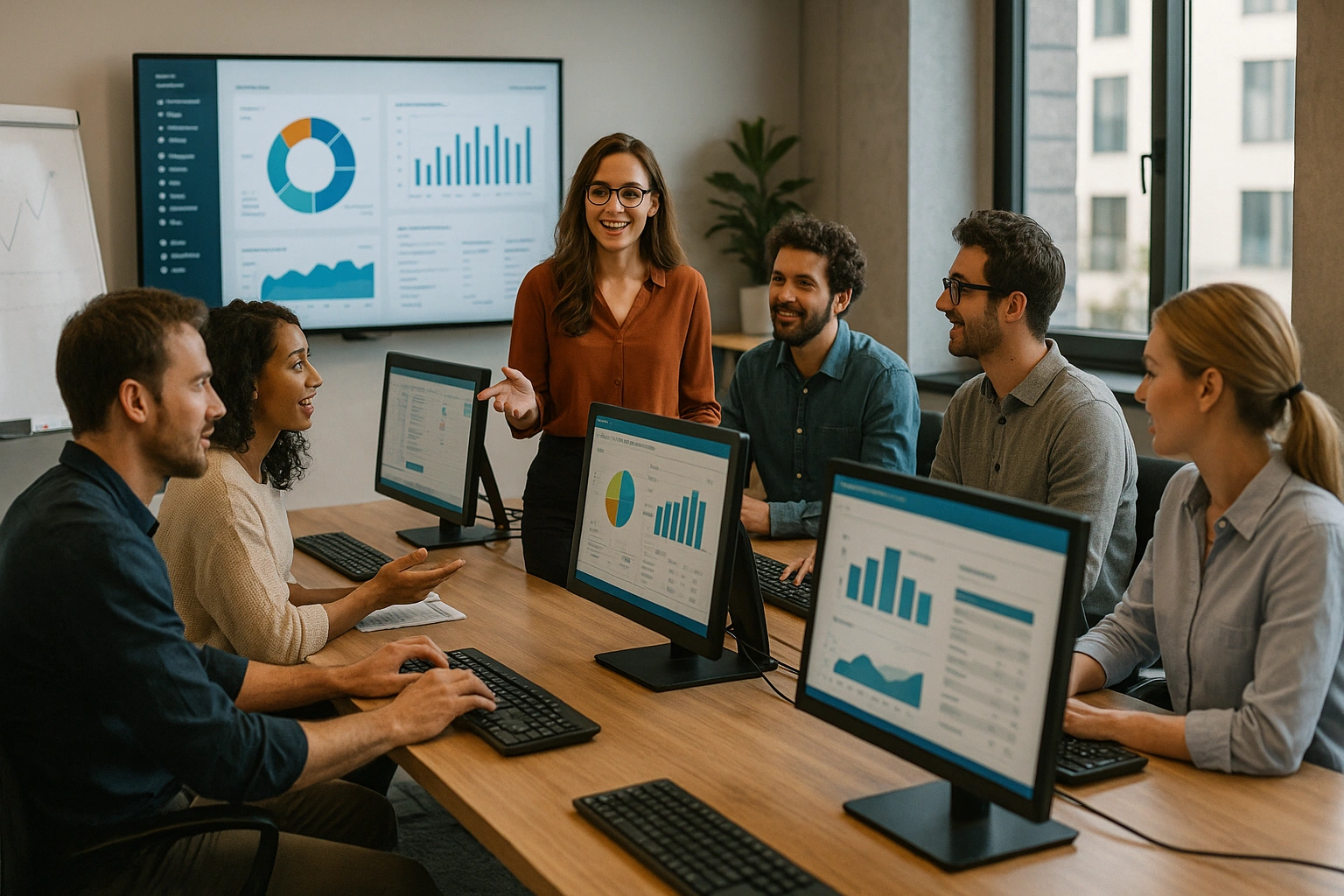 Groupe de professionnels en formation bureautique et digitale, échangeant autour d’ordinateurs et de graphiques de performance.