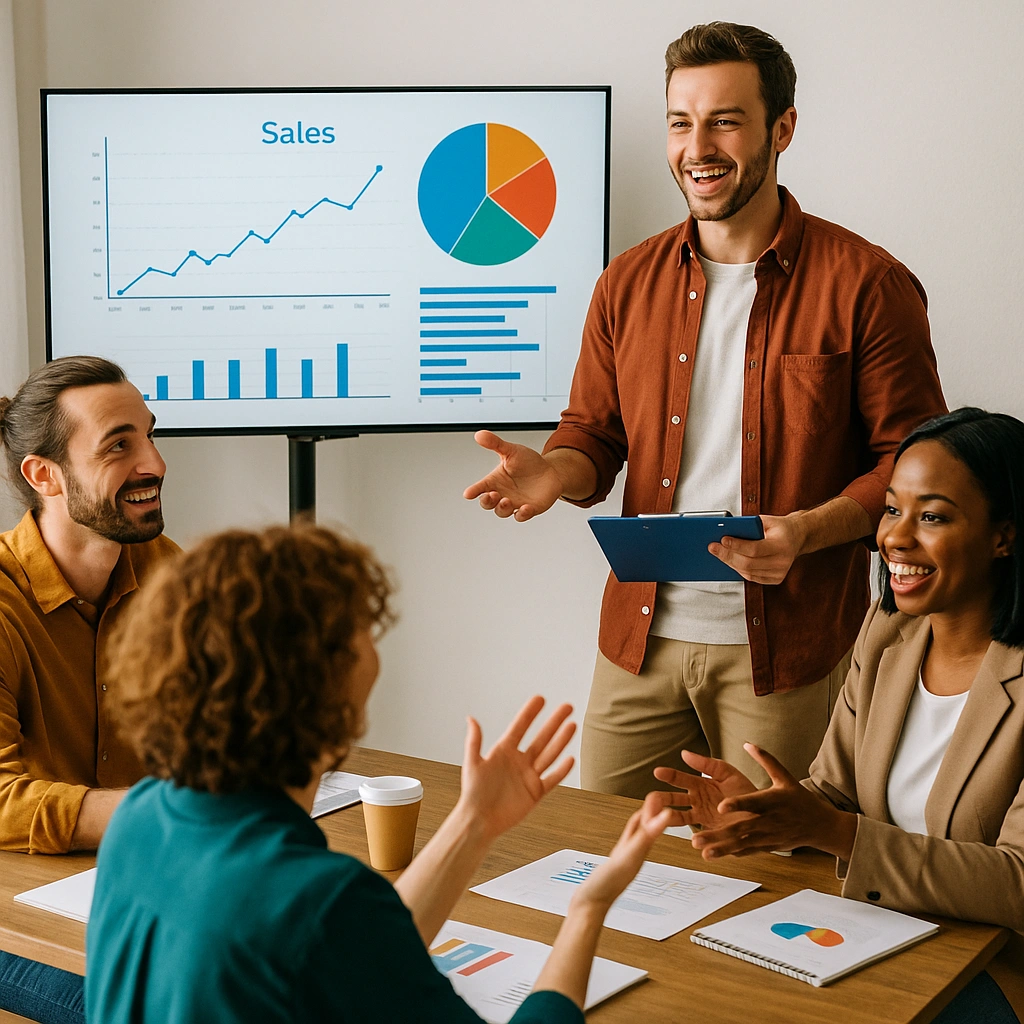 Groupe de professionnels en formation commerciale, échangeant autour de graphiques de ventes et de stratégies marketing.