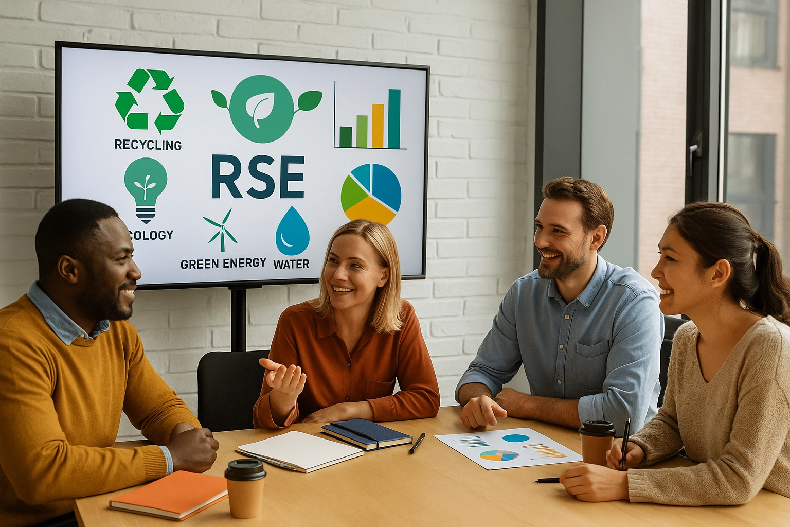 Groupe de professionnels en formation RSE, échangeant autour de graphiques et d’icônes sur le développement durable, l’écologie et les énergies vertes.