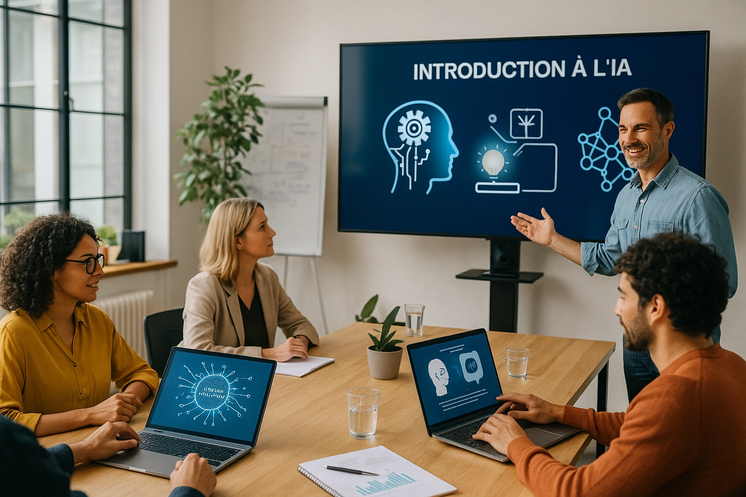 Formateur présentant une session d’introduction à l’intelligence artificielle à un groupe de professionnels en formation.