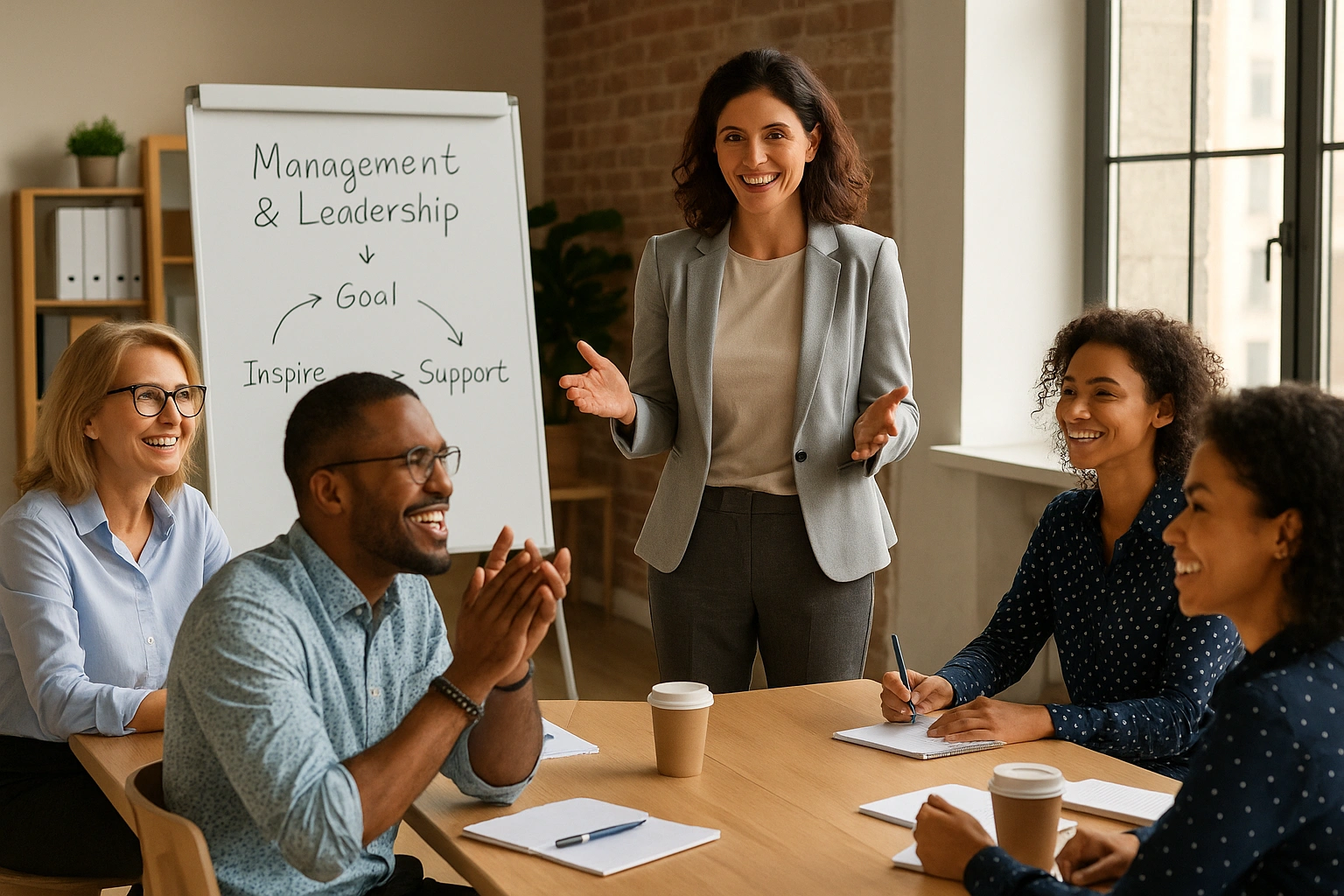 Formatrice animant un atelier de management et leadership auprès d’un groupe de professionnels, favorisant l’inspiration et le travail d’équipe.