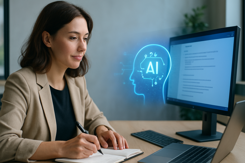 Femme professionnelle écrivant sur un carnet, concentrée devant un ordinateur affichant une interface d’intelligence artificielle dans un bureau moderne et lumineux, symbolisant la précision et la créativité assistées par l’IA.