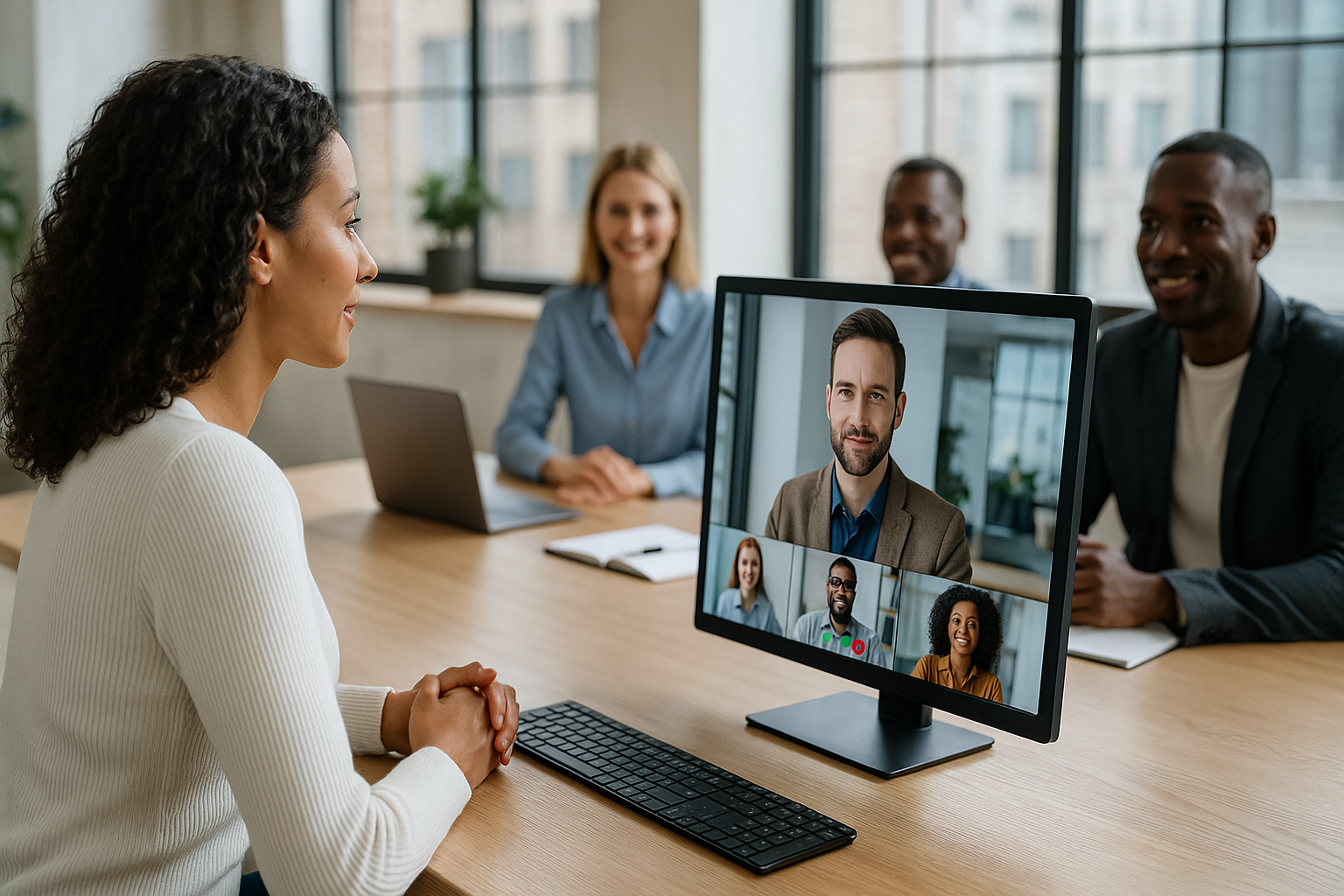 Manager femme échangeant en visioconférence avec une équipe projet mixte dans un espace de coworking moderne, symbolisant la coordination, la flexibilité et la cohésion à distance.