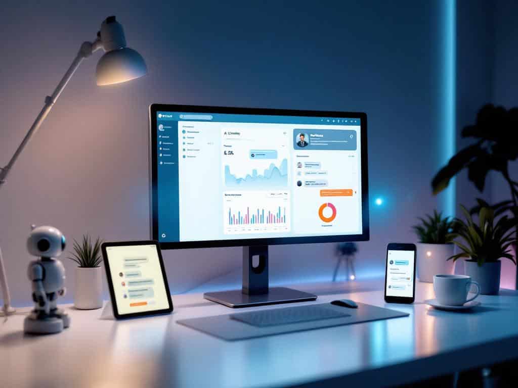 Poste de travail moderne avec écrans, tablette et smartphone affichant des tableaux de bord numériques, illustrant la transformation digitale et l’utilisation d’outils connectés en entreprise.