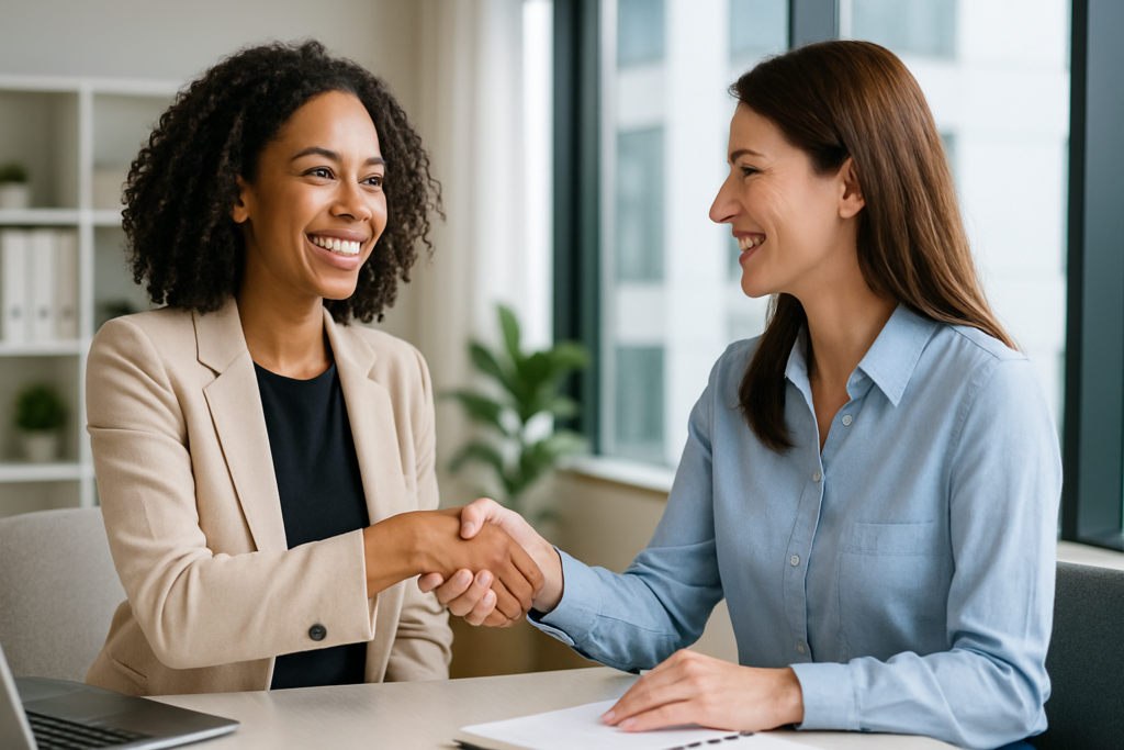 Deux professionnelles souriantes se serrant la main dans un bureau moderne et lumineux, symbolisant la confiance, la collaboration et la fidélisation client dans une relation humaine et authentique.