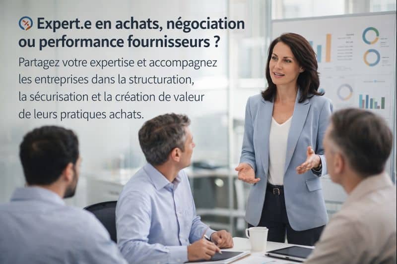 Experte en achats animant une réunion professionnelle sur la négociation et la performance fournisseurs auprès d’une équipe en entreprise.