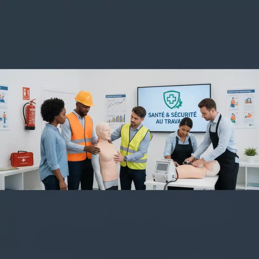 Participants à une formation santé et sécurité au travail réalisant des gestes de secours lors d’un atelier pratique encadré par un formateur.