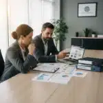 Deux professionnels en réunion consultant des documents et un ordinateur pour réussir sa certification Qualiopi