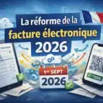 Illustration de la réforme de la facture électronique 2026 en France avec calendrier, facture numérique, smartphone affichant un QR code et symboles d’automatisation des processus comptables