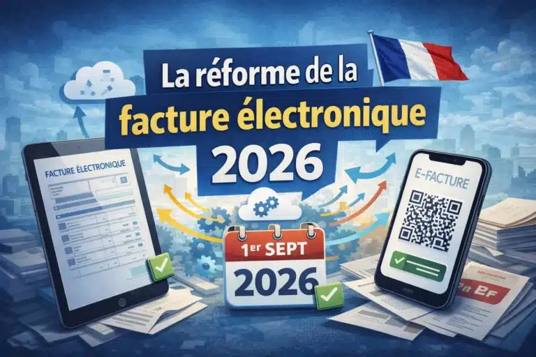 Illustration de la réforme de la facture électronique 2026 en France avec calendrier, facture numérique, smartphone affichant un QR code et symboles d’automatisation des processus comptables