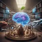 Illustration d'un humain collaborant avec l'intelligence artificielle, représentant une utilisation raisonnée et maîtrisée de l'IA.