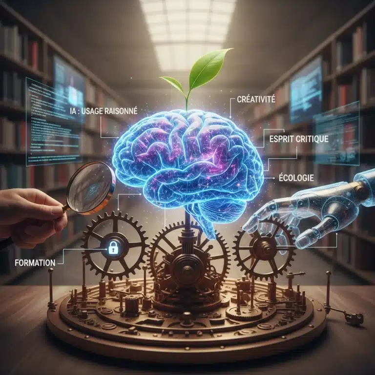 Illustration d'un humain collaborant avec l'intelligence artificielle, représentant une utilisation raisonnée et maîtrisée de l'IA.