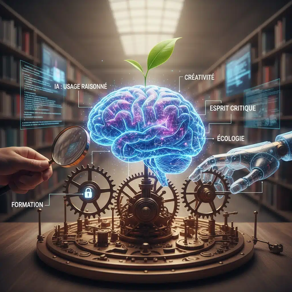 Illustration d'un humain collaborant avec l'intelligence artificielle, représentant une utilisation raisonnée et maîtrisée de l'IA.