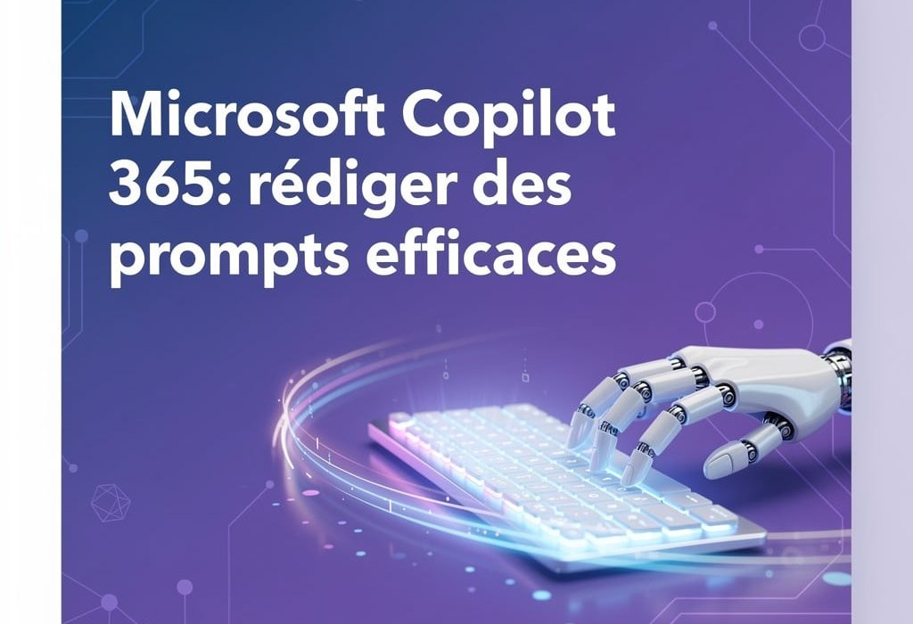 Image représentant une main robotisée tapant sur un clavier lumineux, illustrant la formation Formasio sur Microsoft Copilot 365 pour apprendre à rédiger des prompts efficaces.