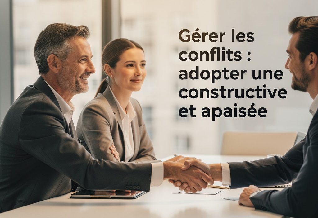 Image de professionnels en réunion serrant la main après une résolution de conflit, illustrant la formation Formasio sur la gestion des conflits en entreprise avec une approche constructive et apaisée.