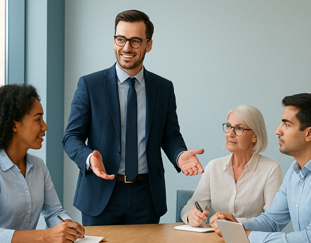 Un formateur en management échange avec trois apprenants autour d’une table, illustrant la formation Formasio dédiée au management efficace et au leadership.