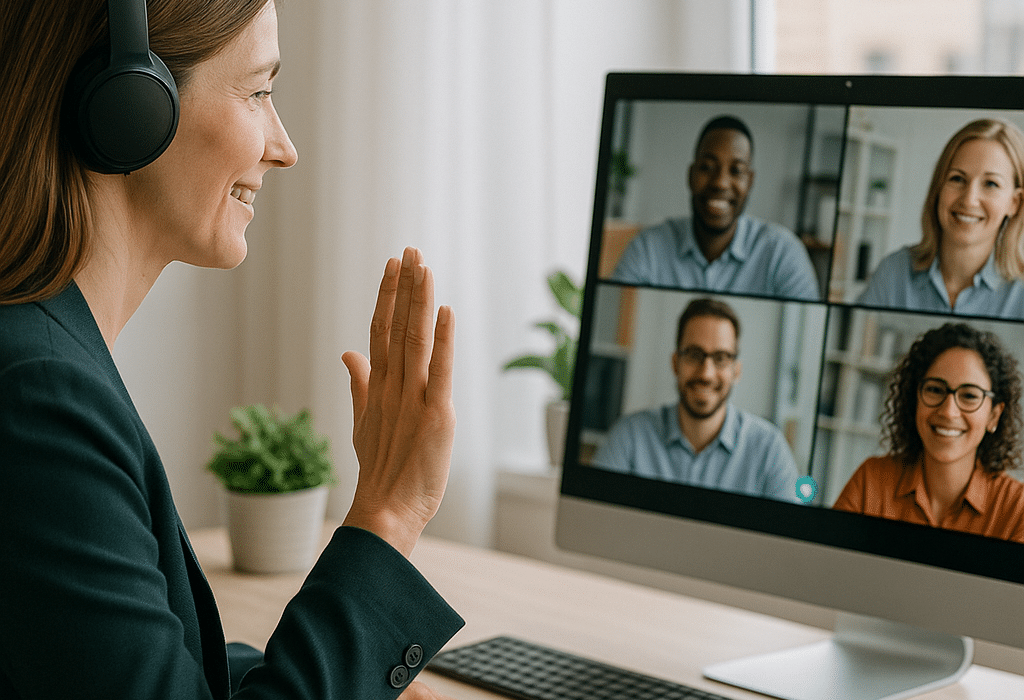 télétravail-encadrer-a-distance-formation-formasio Manager en visioconférence depuis un bureau lumineux, échangeant avec son équipe à l’écran dans une ambiance professionnelle et bienveillante, symbolisant la clarté, la communication et la confiance à distance.